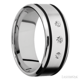 "9 mm wide/Beveled/Cobalt Chrome band with  two 1 mm Wide inlays of Black and featuring an  arrangement of 3, 05 carat Round Diamond stones in a Flush setting"